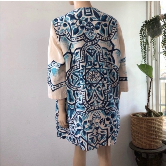 Chico’s Artisan Printed Linen Jacket blue, cream - Picture 10 of 16